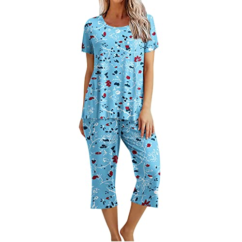 EMATOP Schlafanzug Damen Kurz Kurzarm Top und 3/4 Lange Hose Pyjama Set Lässiges Baggy Hausanzug Sommer Baumwolle Nachtwäsche Neuartige Drucke Nachtwäsche Leicht Elegant Sleepwear für Frauen von EMATOP