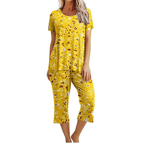 EMATOP Schlafanzug Damen Kurz Kurzarm Top und 3/4 Lange Hose Pyjama Set Lässiges Baggy Hausanzug Sommer Baumwolle Nachtwäsche Neuartige Drucke Nachtwäsche Leicht Elegant Sleepwear für Frauen von EMATOP