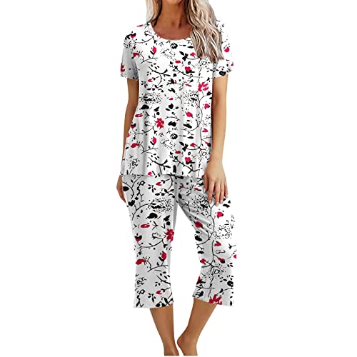 EMATOP Schlafanzug Damen Kurz Kurzarm Top und 3/4 Lange Hose Pyjama Set Lässiges Baggy Hausanzug Sommer Baumwolle Nachtwäsche Neuartige Drucke Nachtwäsche Leicht Elegant Sleepwear für Frauen von EMATOP