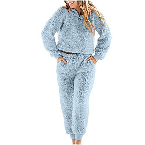 EMATOP Schlafanzug Damen Lang Warm Fleece Pyjama Set Kuschelig Winter Elegant Lang Hausanzug Flauschig Freizeitanzug Thermo Unterwäsche Einfarbig Zweiteilig Unterhemd mit Taschen Outfits von EMATOP