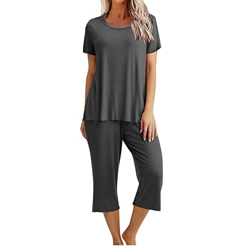 EMATOP Schlafanzug Damen Sommer Baumwolle Zweiteiliger Pyjama Set Casual Rundhals Kurzarm Tshirt und 7/8 Hosen Nachtwäsche Lose Einfarbig Hausanzug Weich Bequem Loungewear Sleepwear für Frauen von EMATOP