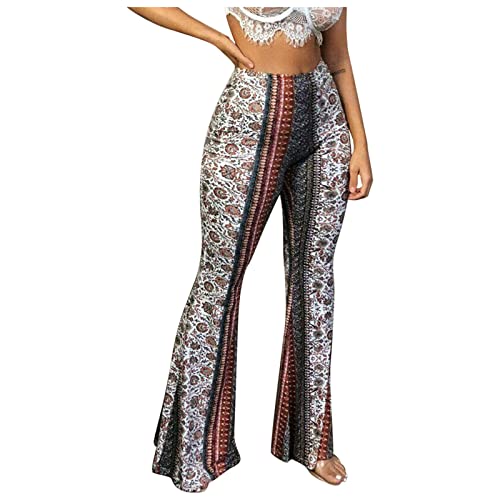 EMATOP Schlaghose Damen 70er Hose Boho Strandhose Hippie Blumen Jogginghose Weites Bein Palazzo Sommerhose Elegant High Waist Bootcut Freizeithose Elastische Taille Yogahose mit Taschen Caprihose von EMATOP