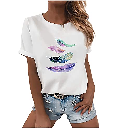 Shirt Damen Sommer Casual Oberteile Lose Baumwolle Kurzarm Tshirt Rundhals Basic Tunika Tops Schmetterling Feder Muster Sommershirts Lässig Elegant Bluse Longshirt Teenager Mädchen von EMATOP