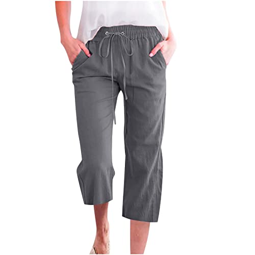 EMATOP Sommer 3/4 Hose Damen Leinen Baumwolle Stoffhose Leicht Atmungsaktiv Yogahose Einfarbig Lässig Leinenhose Weites Bein Hosen mit Taschen Sommerhose Weich Bequem Sporthose für Frauen von EMATOP