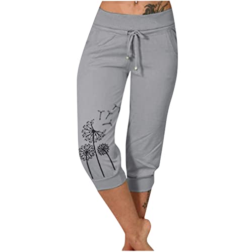 EMATOP Sommer Hose für Frauen 3/4 Capris Jogginghose Freizeit Leichte Sweathose Elastische Taille Sporthose mit Taschen Laufhosen Löwenzahn Muster Freizeithosen Baumwolle Bequem Yogahose von EMATOP