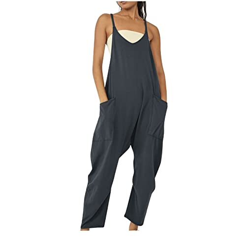 EMATOP Sommer Jumpsuit Damen Casual Lang Overall Sexy Ärmellos Playsuit Lang V-Ausschnitt Hosenanzug mit Taschen Latzhose Lose Einfarbig Arbeitshose Leicht Elegant Overalls Romper Strampler von EMATOP