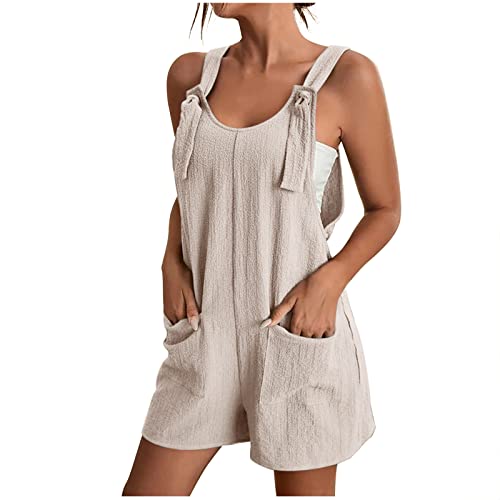 EMATOP Sommer Jumpsuit Damen Kurzer Elegant Playsuit Baumwolle Leinen Playsuit mit Taschen Overall Sexy Ärmellos Latzhose Leicht Einfarbig Einteiler Hosenanzug Casual Lose Shorts Romper von EMATOP