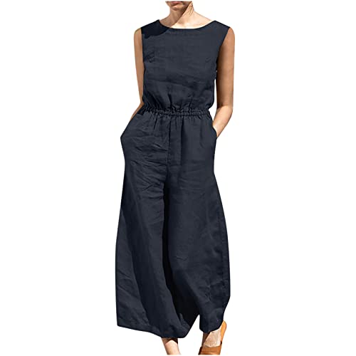 EMATOP Sommer Jumpsuit Damen Lässiger Latzhose Baumwolle Leinen Sommerhose Ärmellose Baggy Einteiler Overalls Locker Einfarbig Arbeitslatzhose mit Taschen Playsuit Leicht Elegant Strandhose von EMATOP