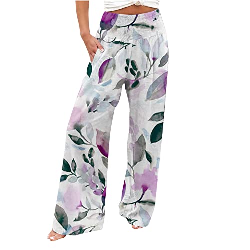 EMATOP Sommer Leinenhose Damen Casual Leichte Weite Hose Baumwolle Leinen Palazzo Hosen mit Taschen Sporthose Blumen Boho Sommerhose Bequem Hohe Taille Stoffhose Hawaii Print Freizeithose Frauen von EMATOP