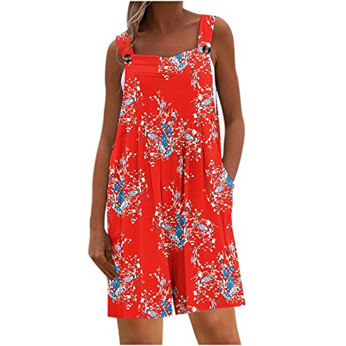 EMATOP Sommer Overall Damen Elegant Kurze Jumpsuit Tie Dye Blumen Shorts Ärmellose Sexy Trägerhose Locker U-Ausschnitt Latzhose mit Taschen Hosenanzug Baumwolle Leinen Einteiler Strampler von EMATOP