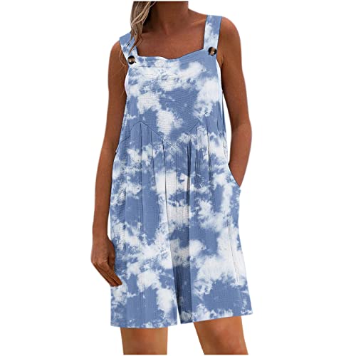 EMATOP Sommer Overall Damen Elegant Kurze Jumpsuit Tie Dye Blumen Shorts Ärmellose Sexy Trägerhose Locker U-Ausschnitt Latzhose mit Taschen Hosenanzug Baumwolle Leinen Einteiler Strampler von EMATOP