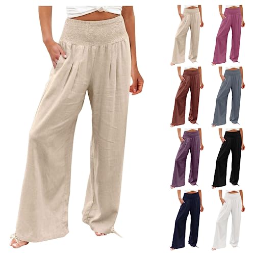 EMATOP Sommerhose Damen Leicht Leinenhose Casual Weites Bein Hosen Elegant Hohe Taille Strandhose Lässige Lose Stoffhose mit Taschen Freizeithose Baumwolle Einfarbig Jogginghose Bequem Yogahose von EMATOP