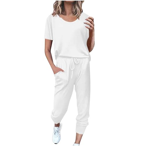 EMATOP Sportanzug Damen Sommer Kurzarm Tracksuit Baumwolle Casual Trainingsanzug 2 Teilig Einfarbig Jogginganzug Lose T-Shirt Top und Hose Freizeitanzug mit Taschen Sportswear für Running Yoga von EMATOP