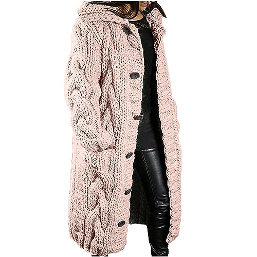 EMATOP Strickjacke Damen Langarm Open Front Cardigan Warm Dick Strickmantel mit Kapuze Übergangsjacke Casual Einfarbig Winterjacke Gestrickt Baumwolle Mantel knöpfen Taschen Jacke Outwear von EMATOP