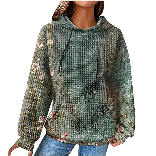 EMATOP Sweatshirt Damen Langarm Warme Pullover mit Kapuze Pulli Oberteile Baumwolle Vintage Hoodie Causal Sport Kapuzenpullover Mode Waffel Kapuzenpulli Langarmshirt Tops Warehouse Deal von EMATOP