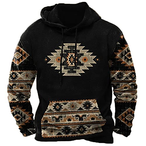 EMATOP Sweatshirt Herren Baumwolle Langarm Hoodie Lässig Sports Pullover mit Kapuze Langarmshirt Vintage Ethnischer Druck Kapuzenpullover Herbst Winter Training Pulli Oberteile Streetwear von EMATOP