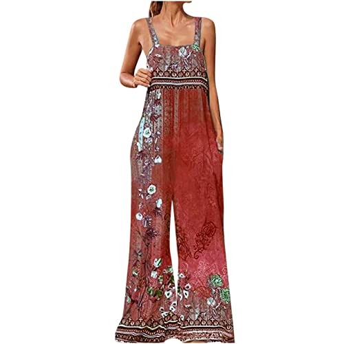 EMATOP Vintage Hosenanzug Damen Festlich Hochzeit Jumpsuit Sommer Lang Strand Overall Elegant Ärmellos Playsuits Casual Weites Bein Sommerhose Spaghetti-Träger Boho Strampler Blumen Streetwear von EMATOP