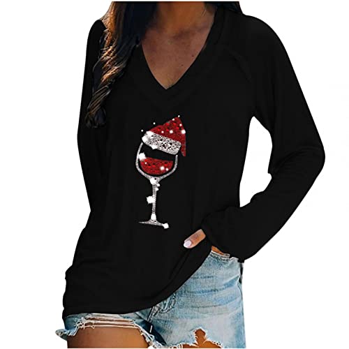 EMATOP Weihnachten Langarmshirt Damen Sweatshirt Lässige Langarm Oberteile V-Ausschnitt Mode Weihnachtspullover Locker Weich Pullover Rotweinglas Elch Druck Pulli Sweater Tops Teenager Mädchen von EMATOP