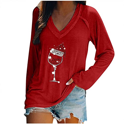 EMATOP Weihnachten Langarmshirt Damen Sweatshirt Lässige Langarm Oberteile V-Ausschnitt Mode Weihnachtspullover Locker Weich Pullover Rotweinglas Elch Druck Pulli Sweater Tops Teenager Mädchen von EMATOP