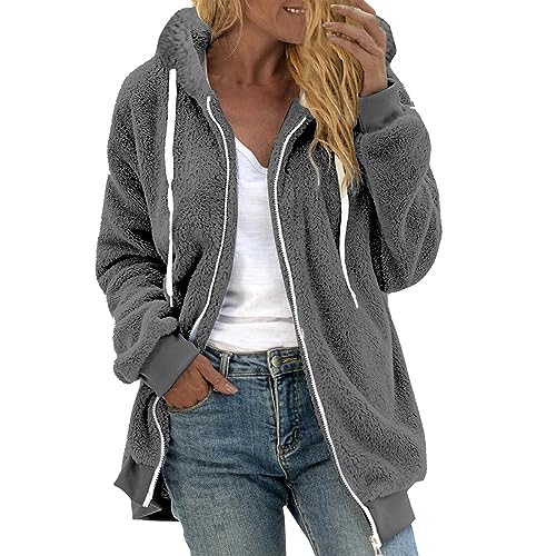 EMATOP Winterjacke Damen Teddy Fleece Mantel Flauschig Hoodie Jacken Warm Gefüttert Fleecejacke mit Kapuze Plüschjacke Herbst Winter Langarm Wintermantel Einfarbig Kuschelig übergangsjacke von EMATOP