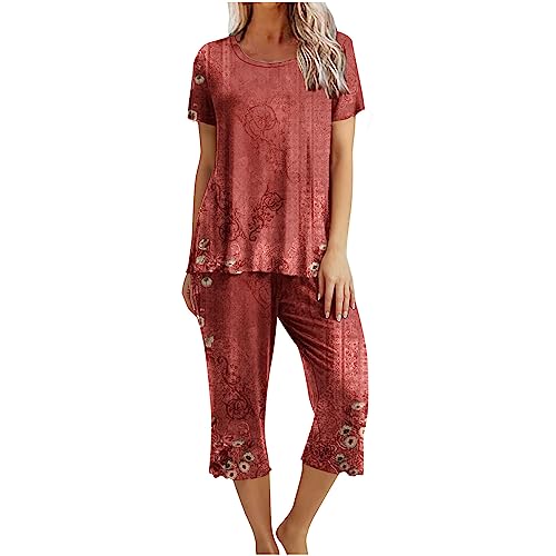 EMATOP Zweiteilige Pyjama Set Damen Elegant Baumwolle Schlafanzug Casual Kurzarm Tshirt und 3/4 Lang Pyjamahosen Nachtwäsche 2-Teilige Oberteil Hose Freizeitanzug Angebot des Tages Heute von EMATOP