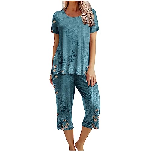 EMATOP Zweiteilige Pyjama Set Damen Elegant Baumwolle Schlafanzug Casual Kurzarm Tshirt und 3/4 Lang Pyjamahosen Nachtwäsche 2-Teilige Oberteil Hose Freizeitanzug Angebot des Tages Heute von EMATOP