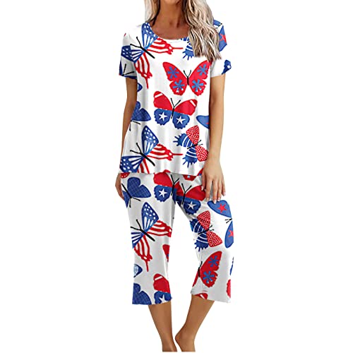 EMATOP Zweiteilige Pyjama Set Damen Elegant Baumwolle Schlafanzug Casual Kurzarm Tshirt und 3/4 Lang Pyjamahosen Nachtwäsche 2-Teilige Oberteil Hose Freizeitanzug Angebot von EMATOP