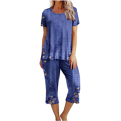 EMATOP Zweiteilige Pyjama Set Damen Elegant Baumwolle Schlafanzug Casual Kurzarm Tshirt und 3/4 Lang Pyjamahosen Nachtwäsche 2-Teilige Oberteil Hose Freizeitanzug Prime Angebote von EMATOP