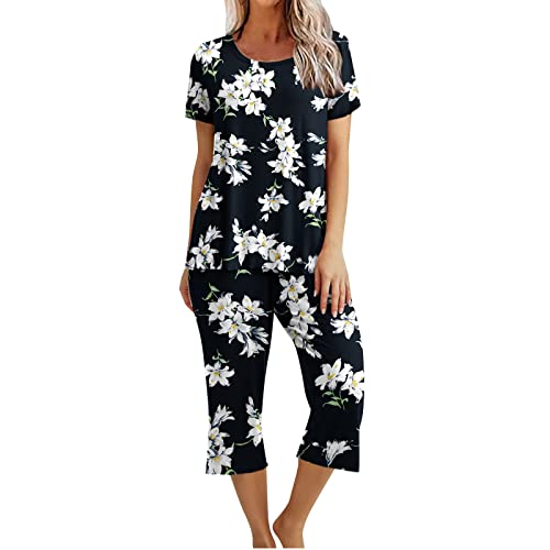 EMATOP Zweiteiliger Nachtwäsche Damen Sommer Schlafanzug Kurz Baumwolle Pyjama Set Vintage Blumen Druck Hausanzug Casual Lose Kurzarm Top mit 3/4 Lang Schlafhose Yoga Outfit Bequem Sleepwear von EMATOP