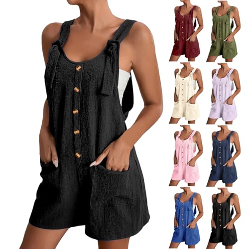 EMATOP amazon warehouse deal Damen Kurz Sommer Jumpsuit Ärmellos Elegant Latzhose Baumwolle Leinen Overalls Einfarbig Leicht Playsuit Shorts mit Taschen Einteiler Onesie Arbeitshose von EMATOP