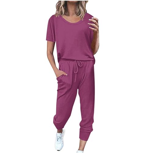 EMATOP amazon warehouse deals angebote Damen Sportanzug Set Zweiteiler Sommer Jogginganzug Casual Einfarbig Trainingsanzug Kurzarm Baumwolle Freizeitanzug Rundhals Hausanzug Tops Sporthose Tracksuit von EMATOP