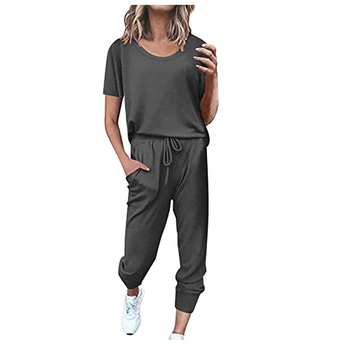 EMATOP angebot Sportanzug Damen Sommer Kurzarm Tracksuit Casual Baumwolle Trainingsanzug 2 Teilig Einfarbig Jogginganzug Lose T-Shirt Top und Hose Freizeitanzug Taschen Sportswear von EMATOP