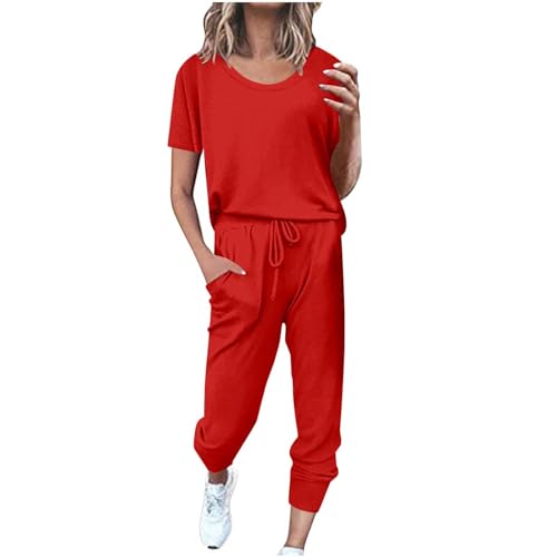 EMATOP angebot Traingsanzug Damen Zweiteilige Sport Freizeitanzug Sommer Lose Jogginganzug Kurzarm Top und Hose Sportanzug Baumwolle Leicht Hausanzug Lässig Einfarbig Schlafanzug von EMATOP