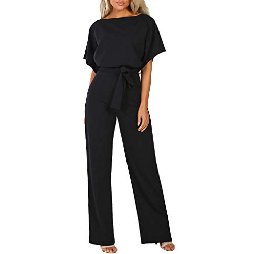 EMATOP angebote des tages heute Damen Sommer Elegant Jumpsuit Casual Kurzarm Playsuit Lang Einfarbig Overall Festlich Hochzeit Hosenanzug Weites Bein Hose Hohe Taille mit Gürtel Strampler Romper von EMATOP