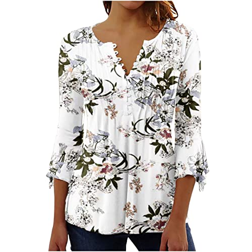 EMATOP befristetes Angebot Falten Longshirt Damen 3/4 Arm Elegant T-Shirt Lässig V-Ausschnitt Tunika Shirt Locker Baumwolle Oberteile Sommer Sport Bluse Tops Blumen Sommershirts Sportshirt von EMATOP