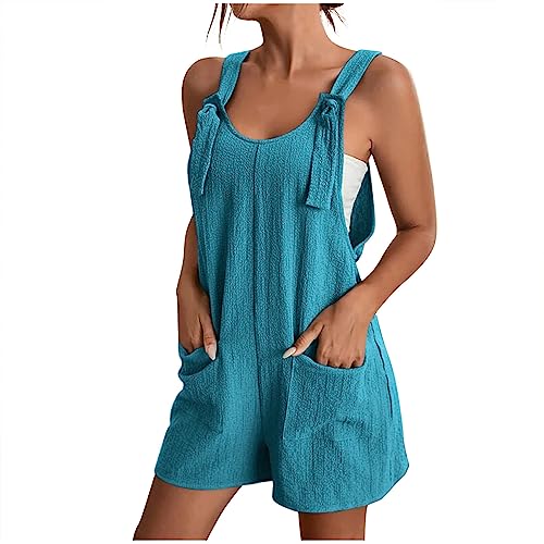 EMATOP befristetes angebot Jumpsuit Damen Sommer Kurz Playsuit Elegant Lose Einteiler Overalls Casual Einfarbig Ärmellos Latzhose mit Taschen Sommerhose Leicht Baumwolle Trägerhose Shorts Onesie von EMATOP