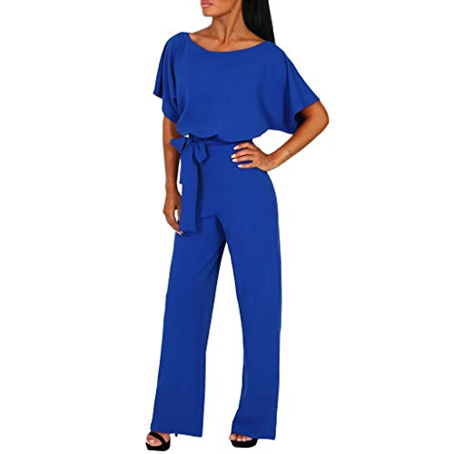 EMATOP befristetes angebot heute Damen Sommer Elegant Jumpsuit Casual Kurzarm Playsuit Lang Einfarbig Overall Festlich Hochzeit Hosenanzug Weites Bein Hose Hohe Taille mit Gürtel Strampler Romper von EMATOP