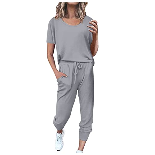 EMATOP befristetes angebot heute Sportanzug Damen Sommer Kurzarm Tracksuit Casual Baumwolle Trainingsanzug 2 Teilig Einfarbig Jogginganzug Lose T-Shirt Top und Hose Freizeitanzug Taschen Sportswear von EMATOP