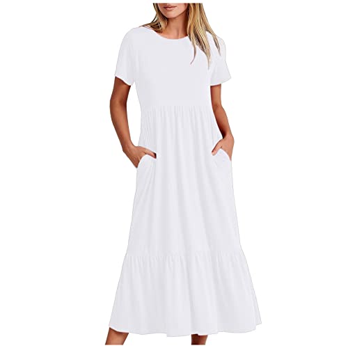 EMATOP tagesangebote Heute 2024 Damen Sommer Rundhals Midikleider Elegant Einfarbig Partykleid Lässiges Baumwolle Tshirt Kleid Locker Kurzarm Sommerkleid Knielang Schwingen Strandkleid von EMATOP