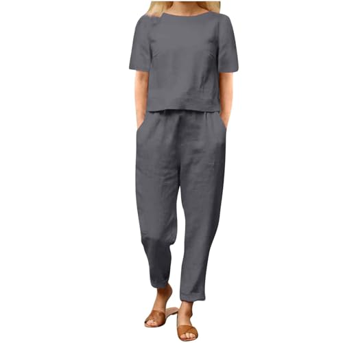 EMATOP unsere marken Zweiteiler Damen Sommer Leinen Outfits Baumwolle Leicht Hosenanzug Einfarbig Casual Bluse Tshirt Lange Hosen Jogginganzug 2 Teiler Leicht Freizeitanzug Elegant Tracksuit von EMATOP