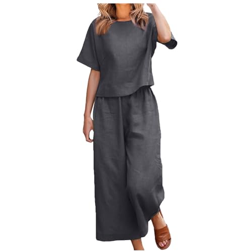 EMATOP warehouse deals angebote Leinen Outfits Damen Leicht Baumwolle Hosenanzug 2 Teiler Bluse Tshirt und Lange Hosen Freizeitanzug Casual Einfarbig Jogginganzug Leicht Atmungsaktiv Sportanzug von EMATOP