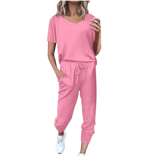 EMATOP warehouse deals angebote Traingsanzug Damen Zweiteilige Sport Freizeitanzug Sommer Lose Jogginganzug Kurzarm Top und Hose Sportanzug Baumwolle Leicht Hausanzug Lässig Einfarbig Schlafanzug von EMATOP