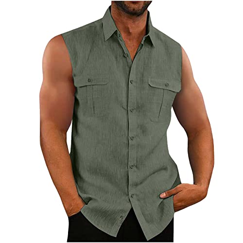 Hemd Herren Ärmellos Sommer Tank Top Stringer Fitness Muskelshirt Baumwolle Leinen T-Shirt Casual Einfarbig Tankshirt Leicht Atmungsaktiv Hemdbluse Weste Shirts für Männer Funktionsshirt von EMATOP