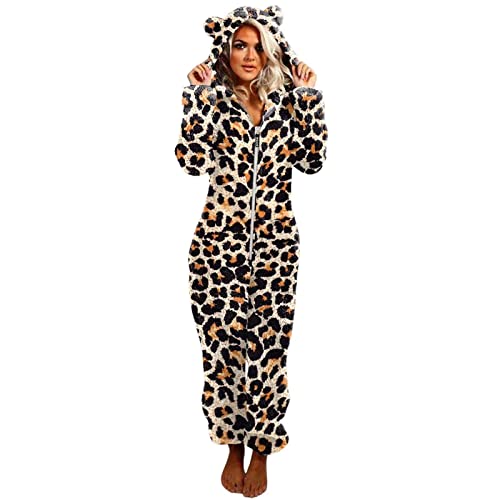 EMATOP Jumpsuit Damen Winter Warm Schlafanzug Flauschig Lang Pyjama Teddy Fleece Einteiler Overall Plüsch Bequeme Hausanzug Herbst Winter Weich Loungewear mit Leoparden Muster Ganzkörperanzug von EMATOP