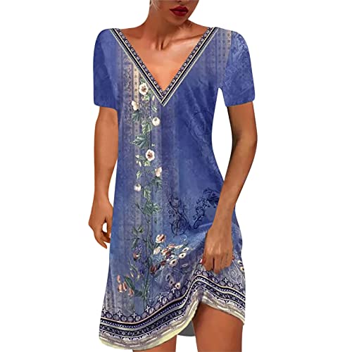 Kleider Damen Sommer Elegant Blusenkleid Boho Tunika Kleid Knielang Strandkleider Lässig Kurzarm T-Shirt Minikleid Sexy V-Ausschnitt Freizeitkleid Lose Baumwolle Partykleid Blumenkleid von EMATOP