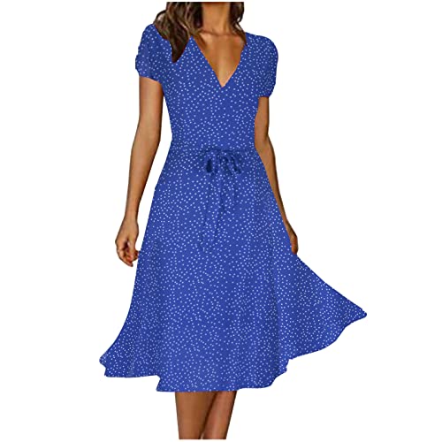 Kleider Damen Sommer Elegant Chiffonkleid Sexy V-Ausschnitt Freizeitkleider Hohe Taille A-Linie Kleid Casual Kurzarm Sommerkleid Vintage Boho Strandkleid Knielang Blumen Midikleid von EMATOP