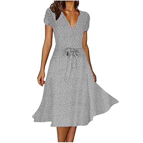 Kleider Damen Sommer Elegant Chiffonkleid Sexy V-Ausschnitt Freizeitkleider Hohe Taille A-Linie Kleid Casual Kurzarm Sommerkleid Vintage Boho Strandkleid Knielang Blumen Midikleid von EMATOP