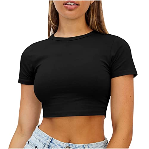 Kurz Oberteile Damen Sommer Crop Tops Baumwolle Elegant T-Shirts Lässig Sport Kurzarm Shirts Basic Rundhals Sommershirt Yoga Fitness Tops Einfarbig Tunika Sportshirt befristetes Angebot Heute von EMATOP