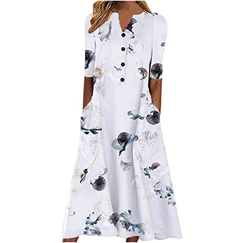 Maxikleider Damen Sommer Kurzarm Strandkleid Lang A Linie Kleider Knielang Partykleid High Waist Vintage Freizeitkleid Blumen Muster Midikleid Plissee V-Ausschnitt Shirtkleid Tunika Kleid von EMATOP