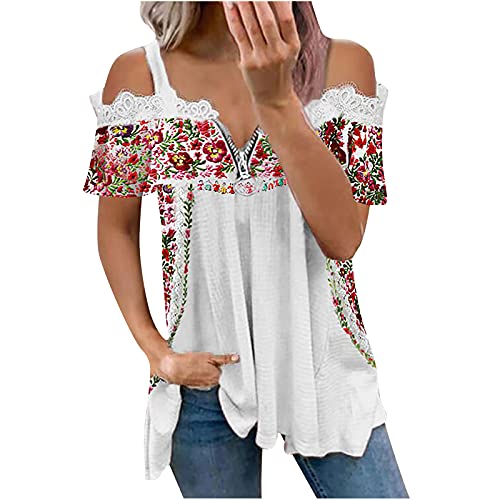 Oberteil Shirt Damen Blumen Drucken T-Shirt Lässig Pullover Rundhals Basic Kurzarm Tshirt V-Ausschnitte Elegant Sommershirts Mode Lose T-Shirts Tops von EMATOP